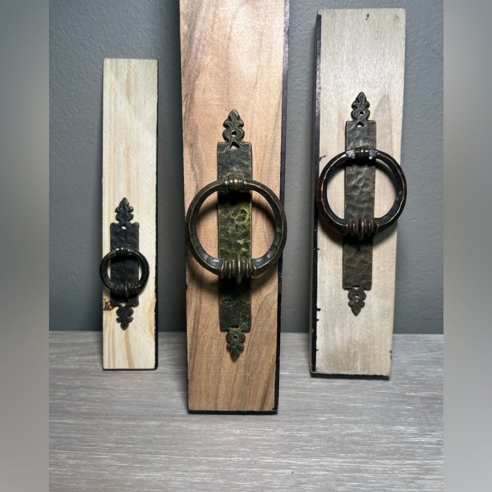 3 Vtg Rustic Decorative Ring Pulls with ornate backplate